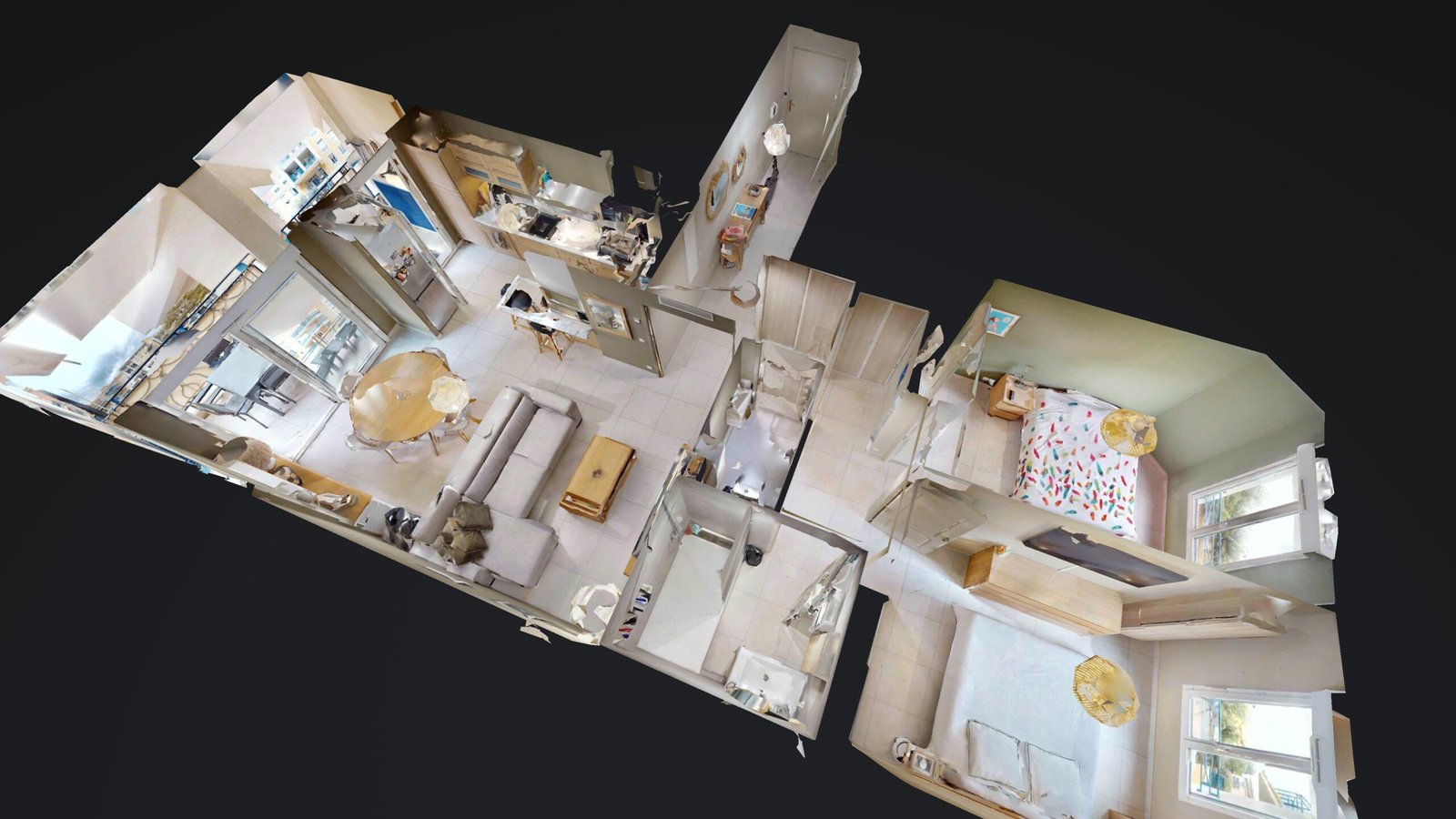 Vue 3D d'un appartement moderne de 73 m² situé en centre-ville de Sainte-Maxime, avec une disposition claire des espaces de vie.