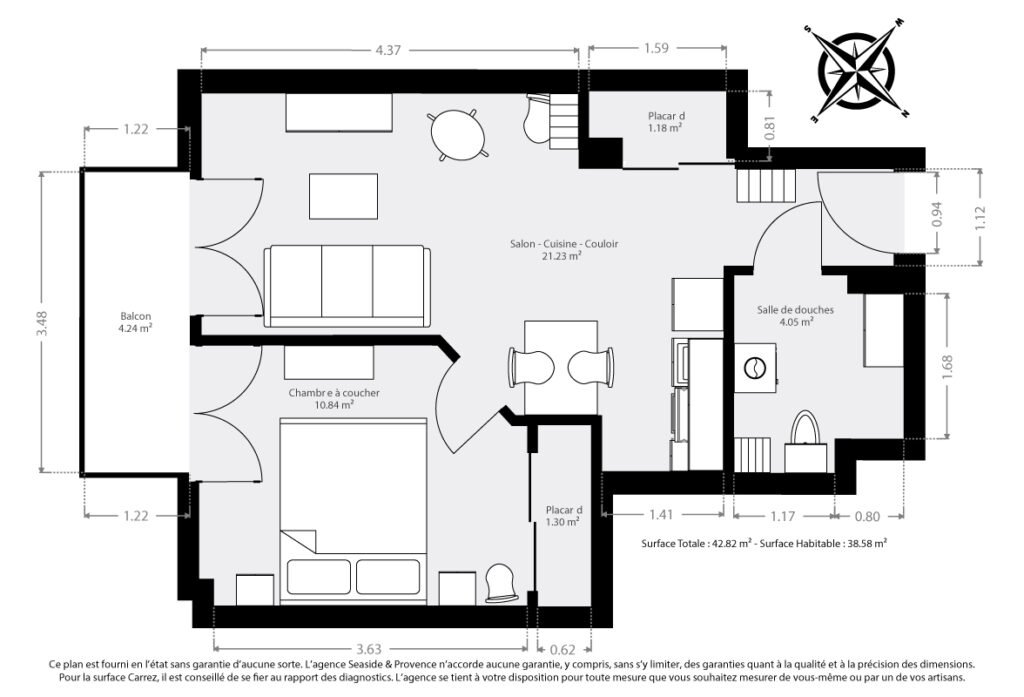 Plan d'un appartement T2 de 38,5m² situé en centre-ville de Sainte-Maxime.