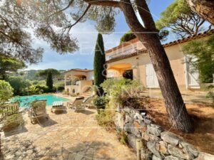 Jardin d'une maison provençale avec piscine, vue sur la façade et végétation.