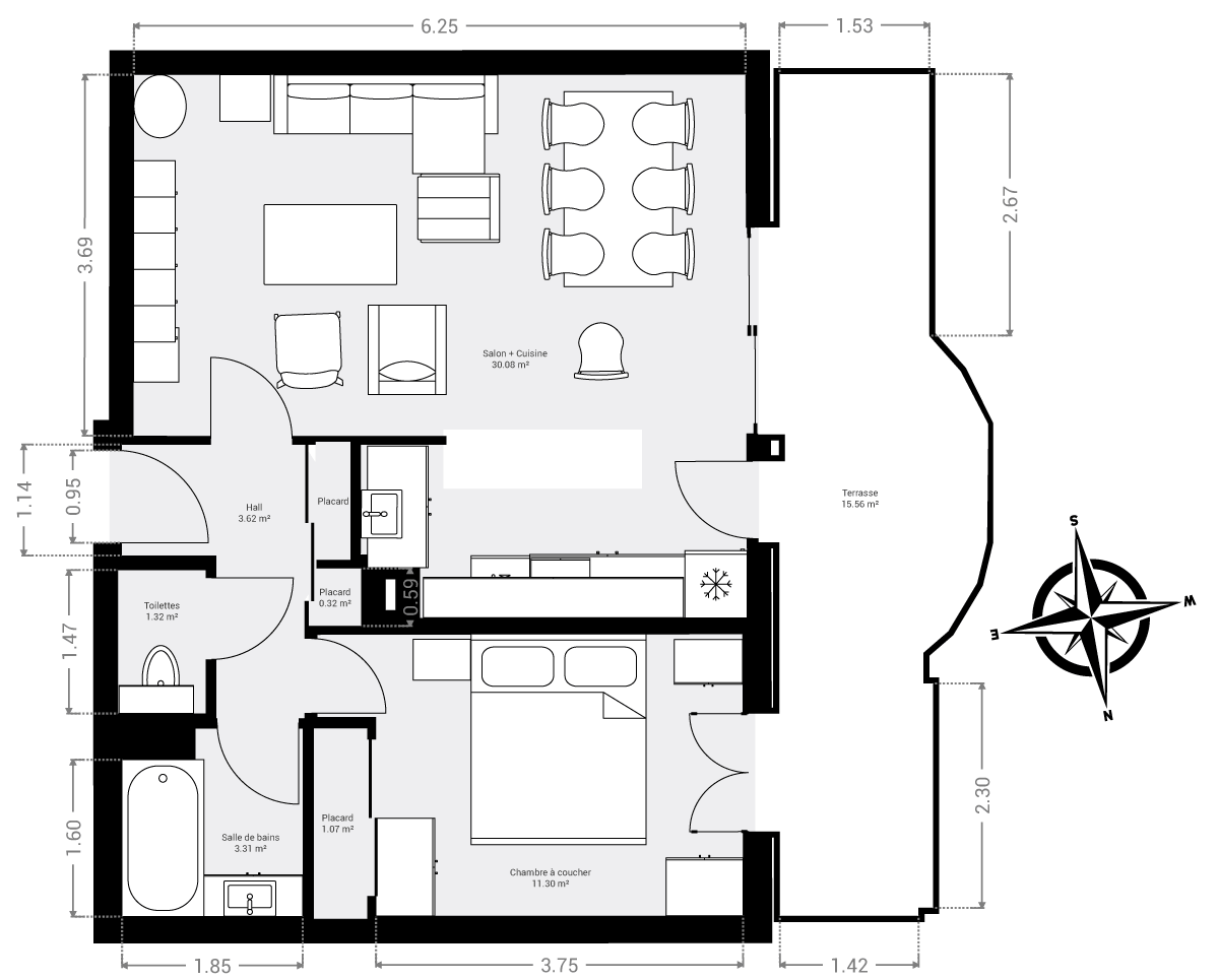 plan de l'appartement de 51 m² dans la résidence Maxime Park à Sainte-Maxime