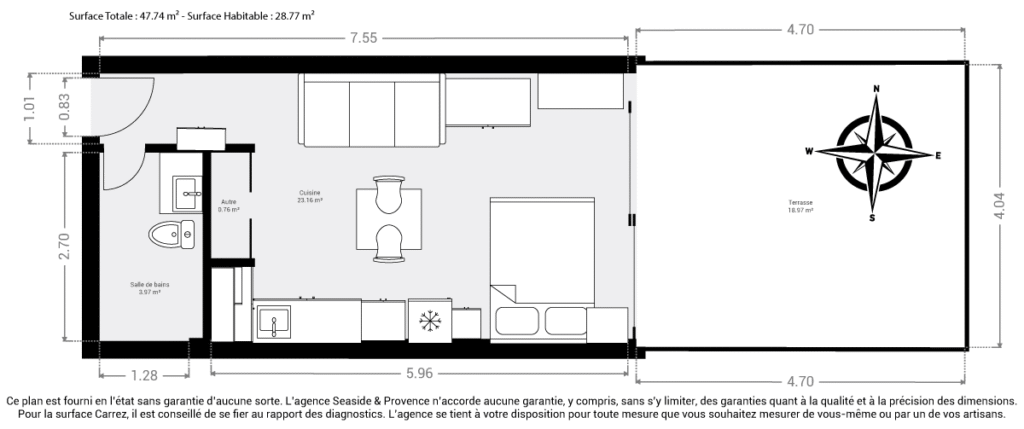 Plan du studio à vendre à Sainte-Maxime, 29 m² avec terrasse-jardin orientée Est.