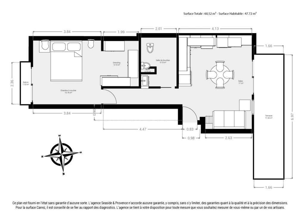 Plan 2D appartement T2 48m² Sainte-Maxime : séjour-cuisine, chambre avec dressing, terrasse vue mer.